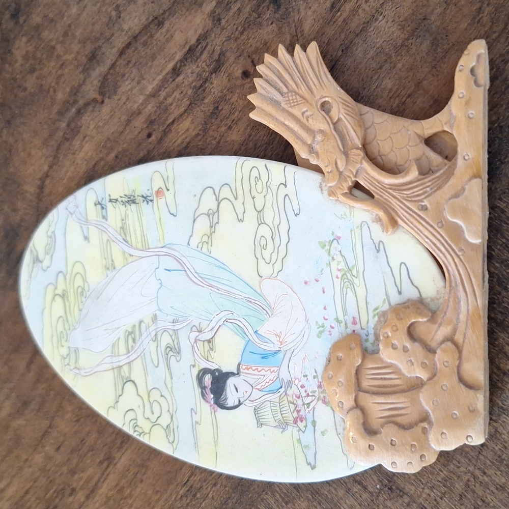 Vintage Geisha Girl Chinese painted plaque with carved wooden dragon stand